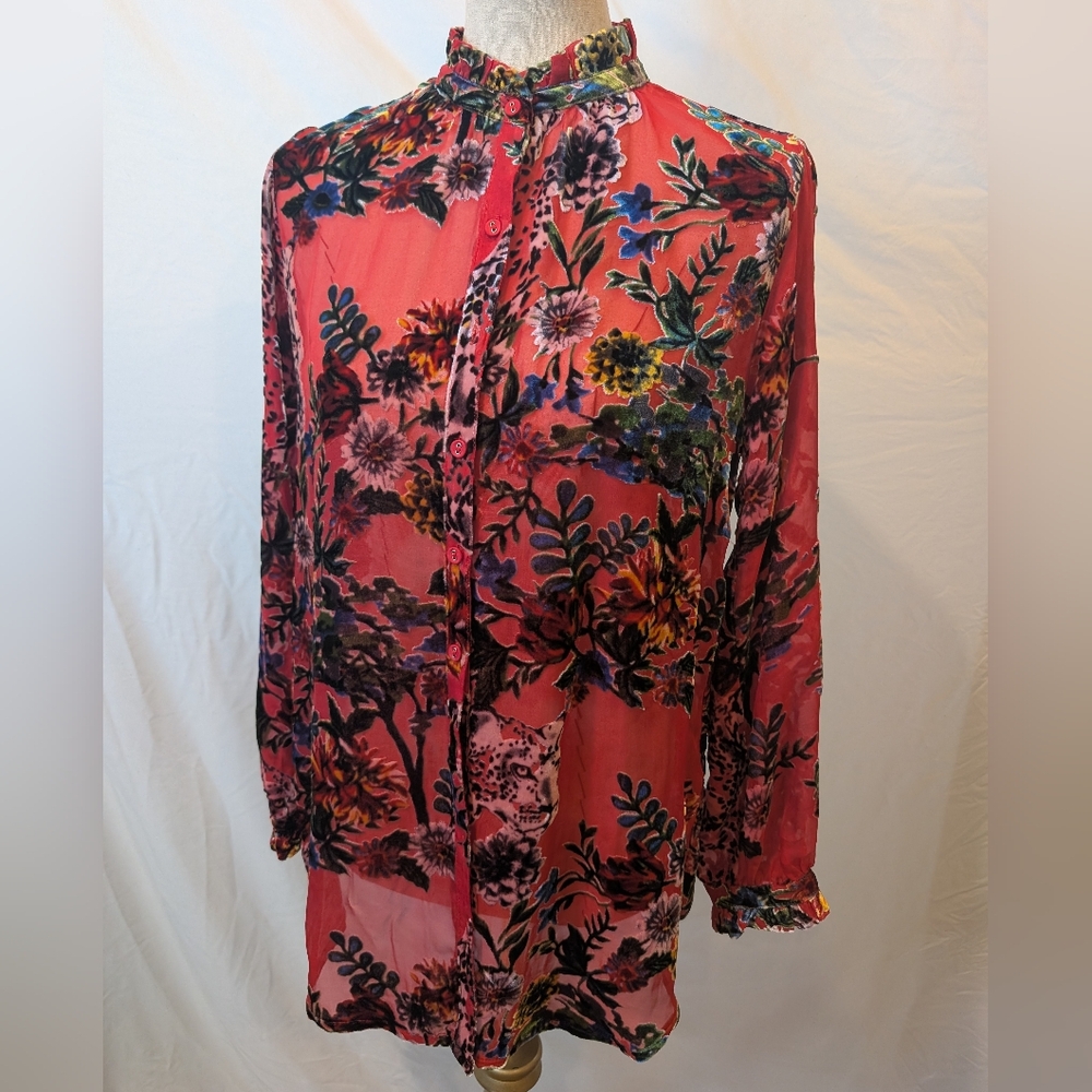 Johnny Was Yoella Burnout Top Bobcat Forest Red Sheer Button-Up Blouse Size S